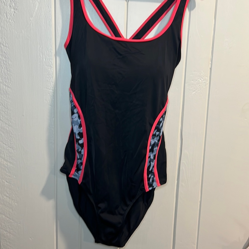 Swimsuits For All black with pink and Gray design